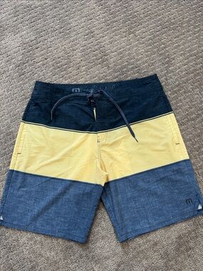 Travis Mathew Yellow and Navy Colorblock Swim Shorts